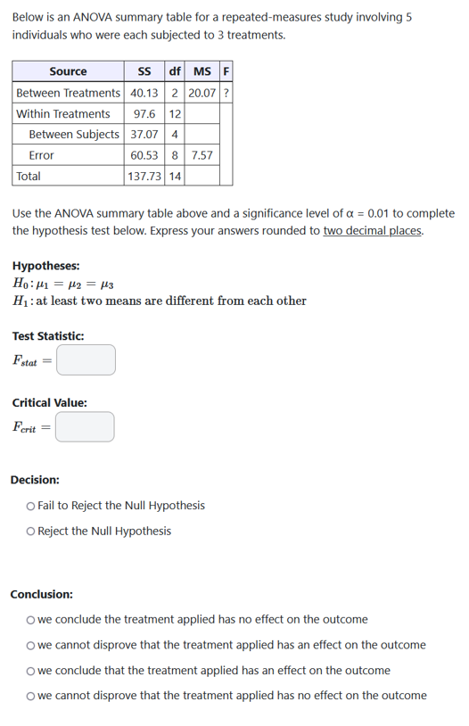 Solved Below is an ANOVA summary table for a | Chegg.com
