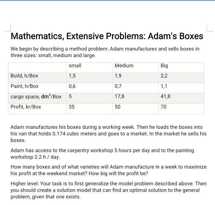 Solved Mathematics, Extensive Problems: Adam's Boxes We | Chegg.com