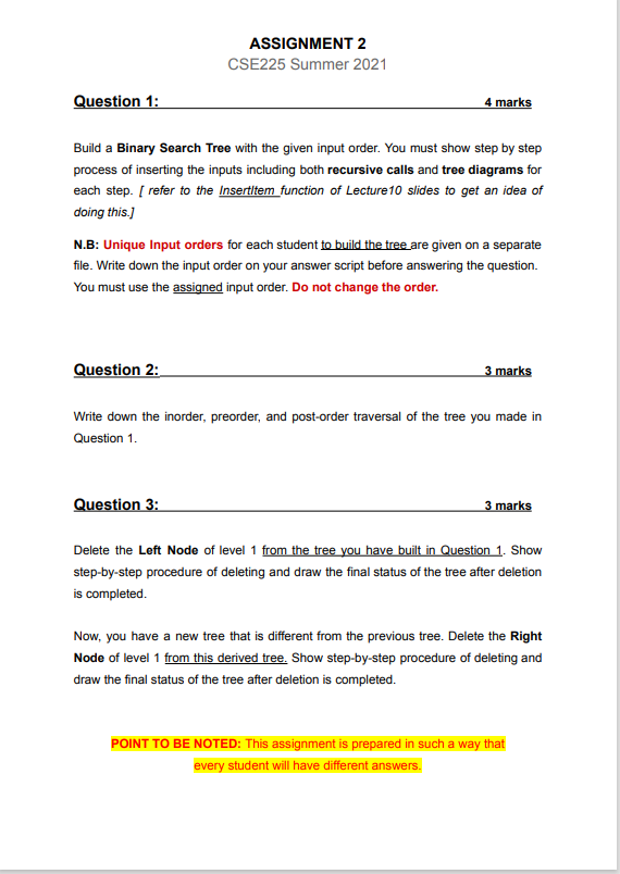 Solved ASSIGNMENT 2 CSE225 Summer 2021 Question 1: 4 marks | Chegg.com