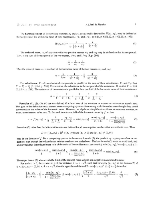 2017 by Yves Nievergelt A Limit in Physics The | Chegg.com