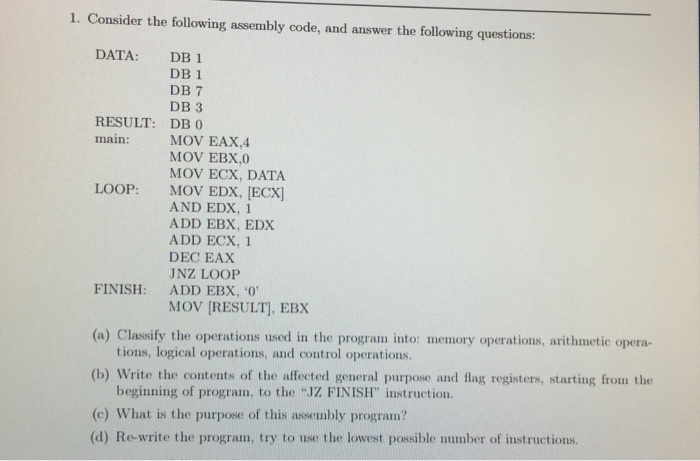 Solved Consider the following assembly code, and answer the | Chegg.com