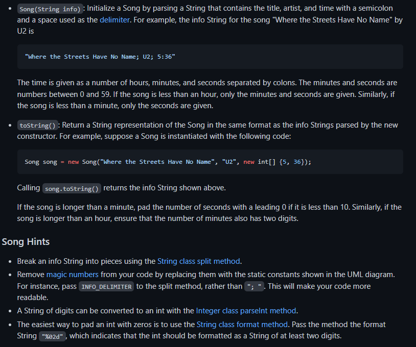 Solved Song (String info) : Initialize a Song by parsing a | Chegg.com