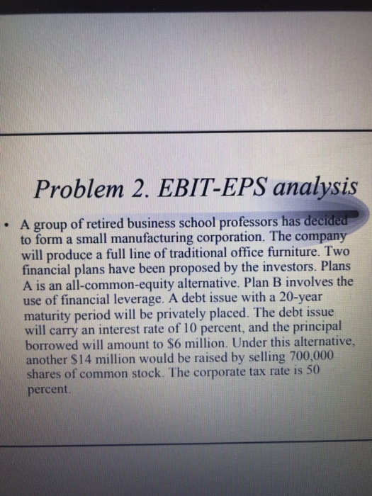 Solved Problem 2. EBIT-EPS Analysis A Group Of Retired | Chegg.com