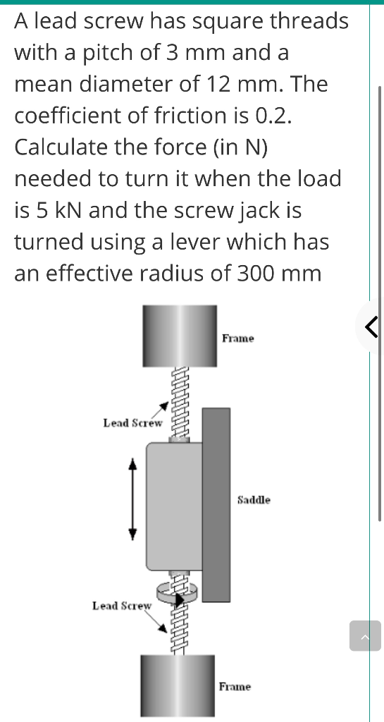 Solved A lead screw has square threads with a pitch of 3 mm