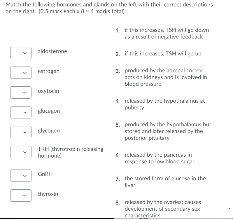 Solved Match the following hormones and glands on the left | Chegg.com