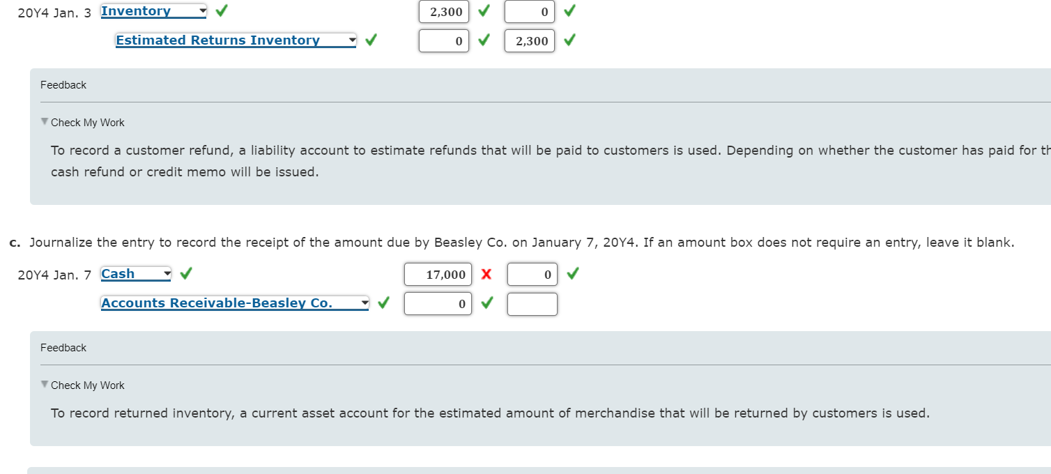 Solved Customer return and refund On December 28, 20Y3,