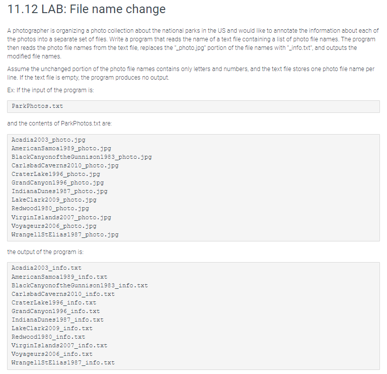 Solved 11.12 LAB: File name change A photographer is | Chegg.com