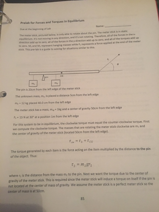Solved Prelab for Forces and Torques in Equilibrium Due at