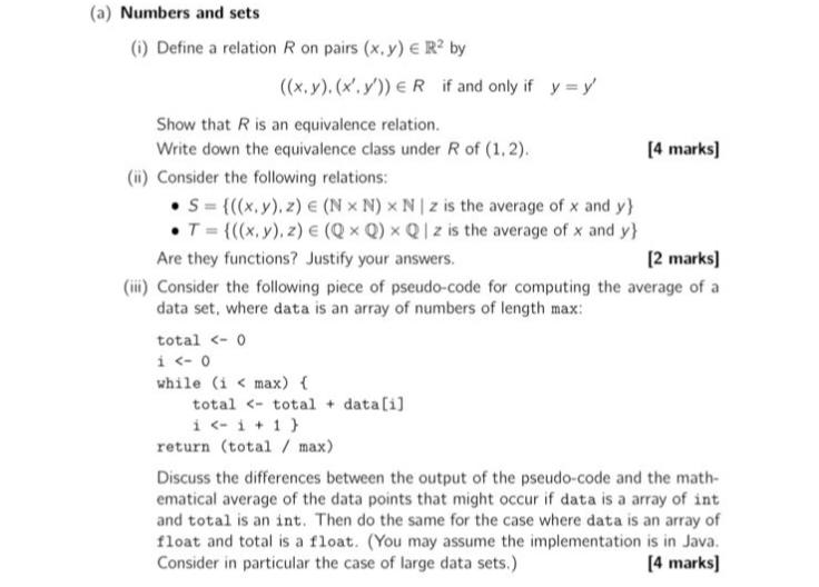 Solved a) Numbers and sets (i) Define a relation R on pairs | Chegg.com