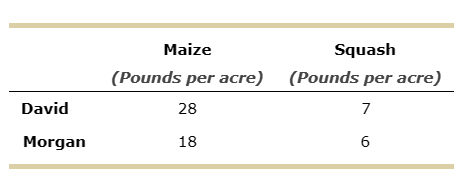 \begin{tabular}{lcc}
\hline & Maize (Pounds per acre) & Squash (Pounds per acre) \\
\hline David & 28 & 7 \\
Morgan & 18 & 6