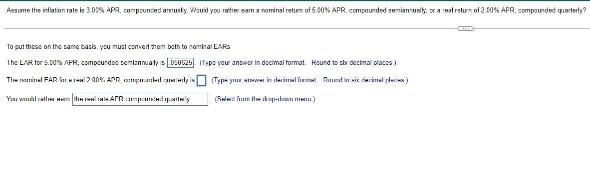 Solved Assume the inflation rate is 3.00% APR, compounded | Chegg.com