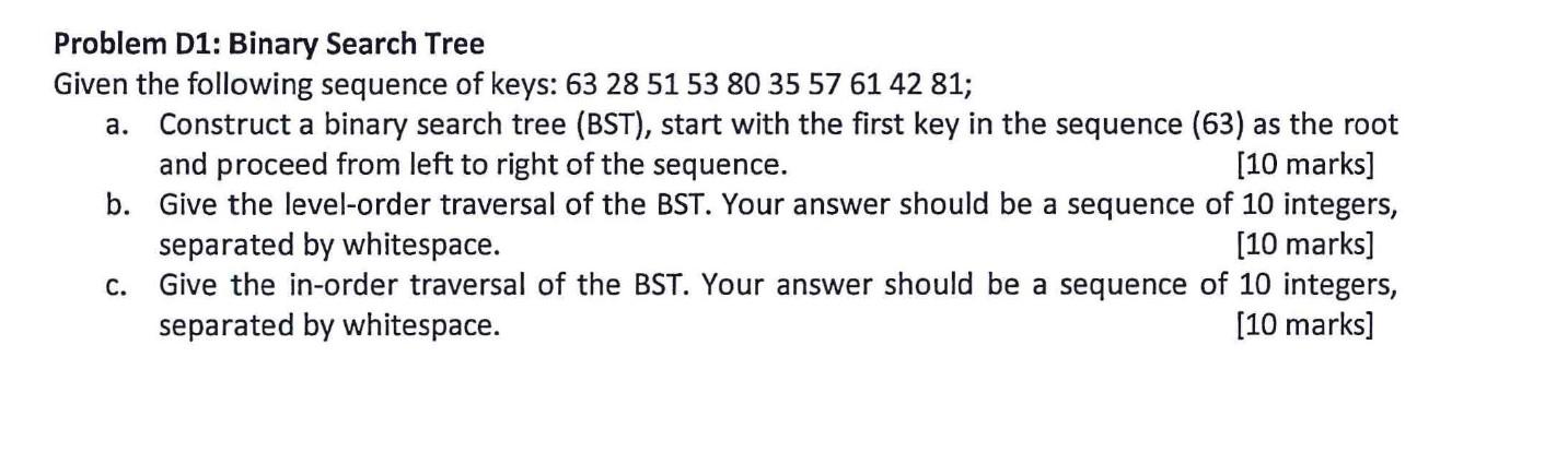 Solved Problem D1: Binary Search Tree Given the following | Chegg.com