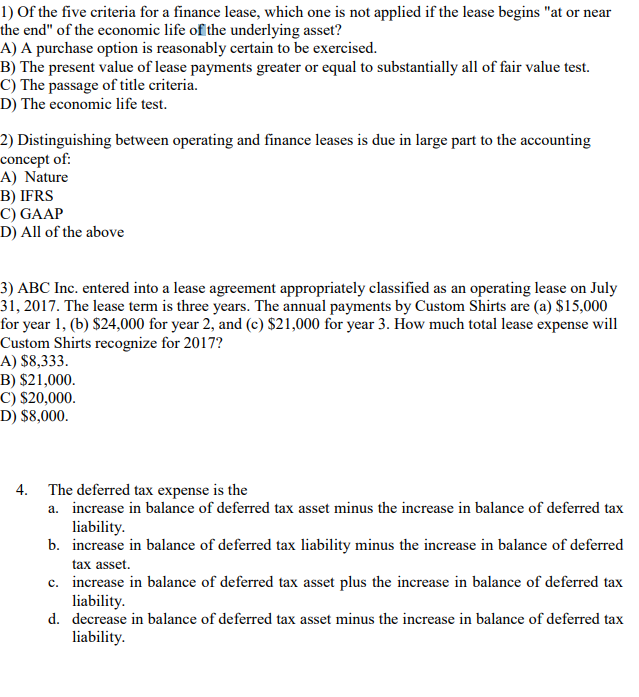 Solved 1) Of The Five Criteria For A Finance Lease, Which 