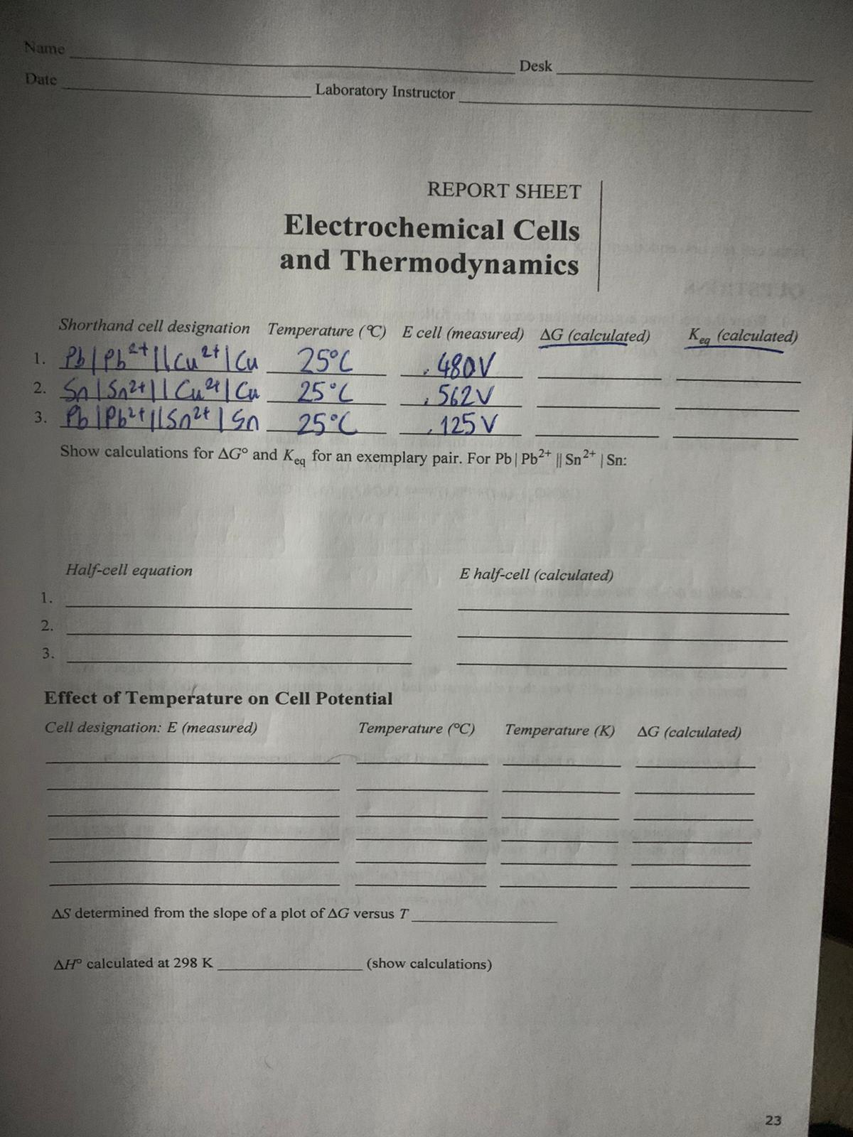 Solved REPORT SHEET ELECTROCHEMICAL CELLS AND | Chegg.com