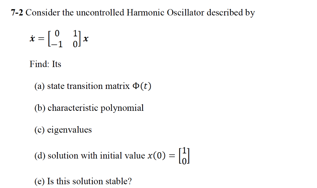 Solved 7-2 Consider the uncontrolled Harmonic Oscillator | Chegg.com