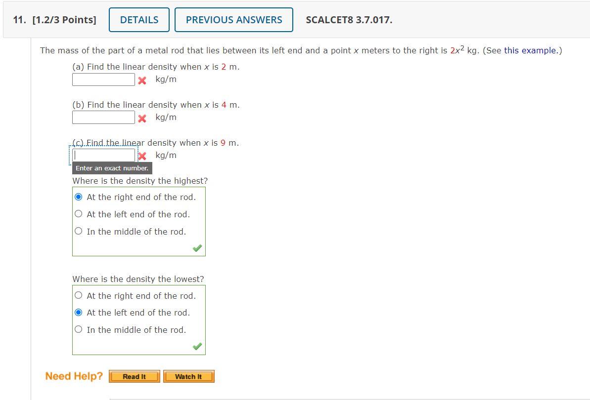 Solved The mass of the part of a metal rod that lies between