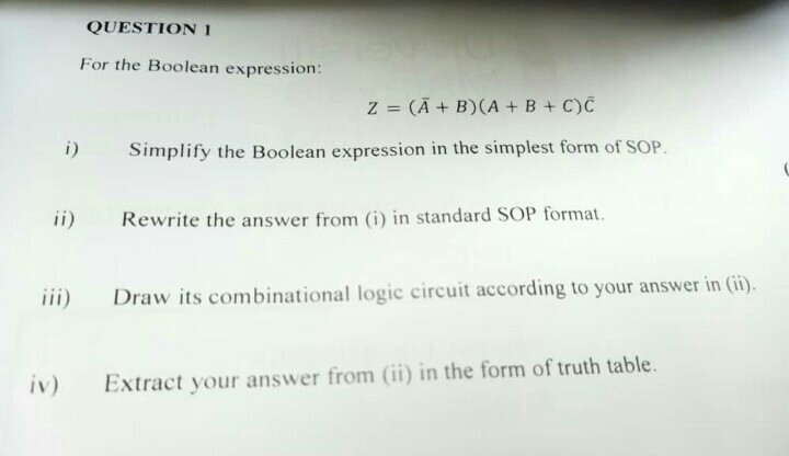 Solved QUESTION 1 For the Boolean expression: Z = (A + | Chegg.com