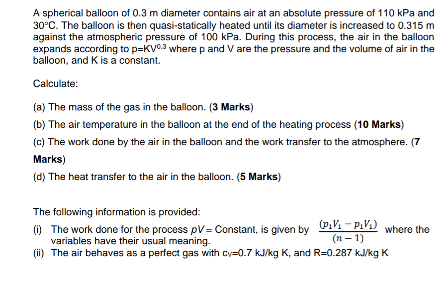 Solved A spherical balloon of 0.3 m diameter contains air at | Chegg.com