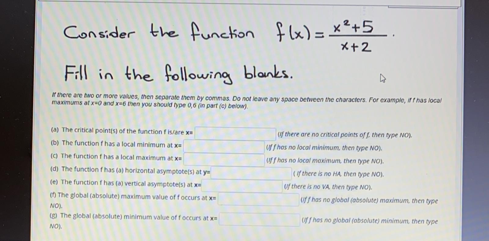 Solved x+2 Consider the function flx) = x²+5 Fill in the | Chegg.com