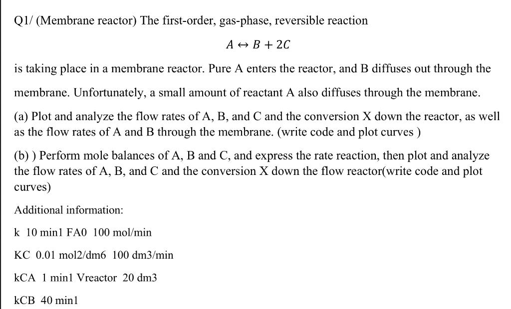 Solved Q1/ (Membrane reactor) The first-order, gas-phase, | Chegg.com