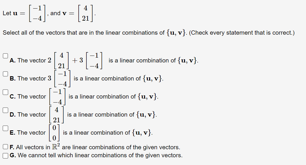 Solved Let u=[-1-4], ﻿and v=[421]Select all of the vectors | Chegg.com