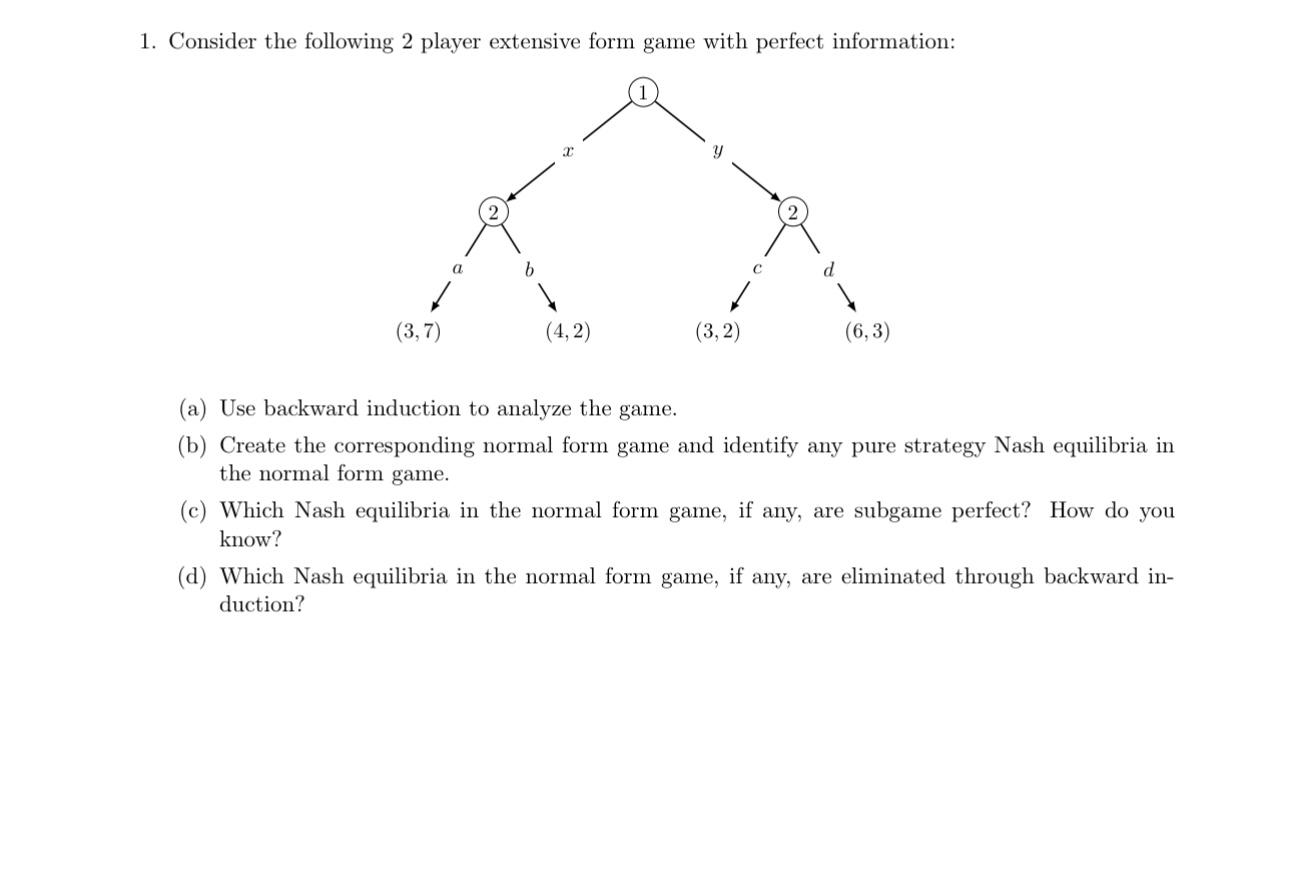 Solved 1. Consider the following 2 player extensive form | Chegg.com