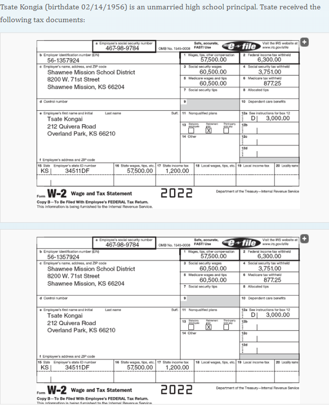 Solved Required Complete Tsate’s federal tax return for
