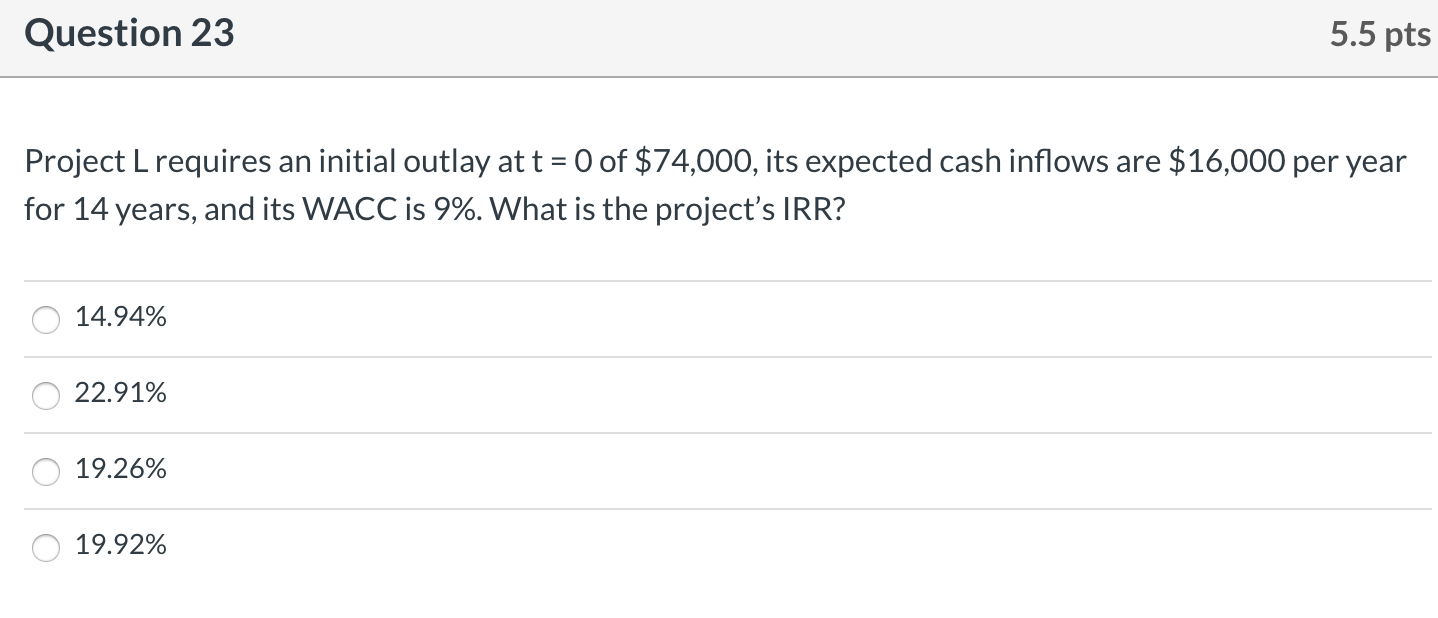 Solved Question 23 5.5 pts Project Lrequires an initial | Chegg.com