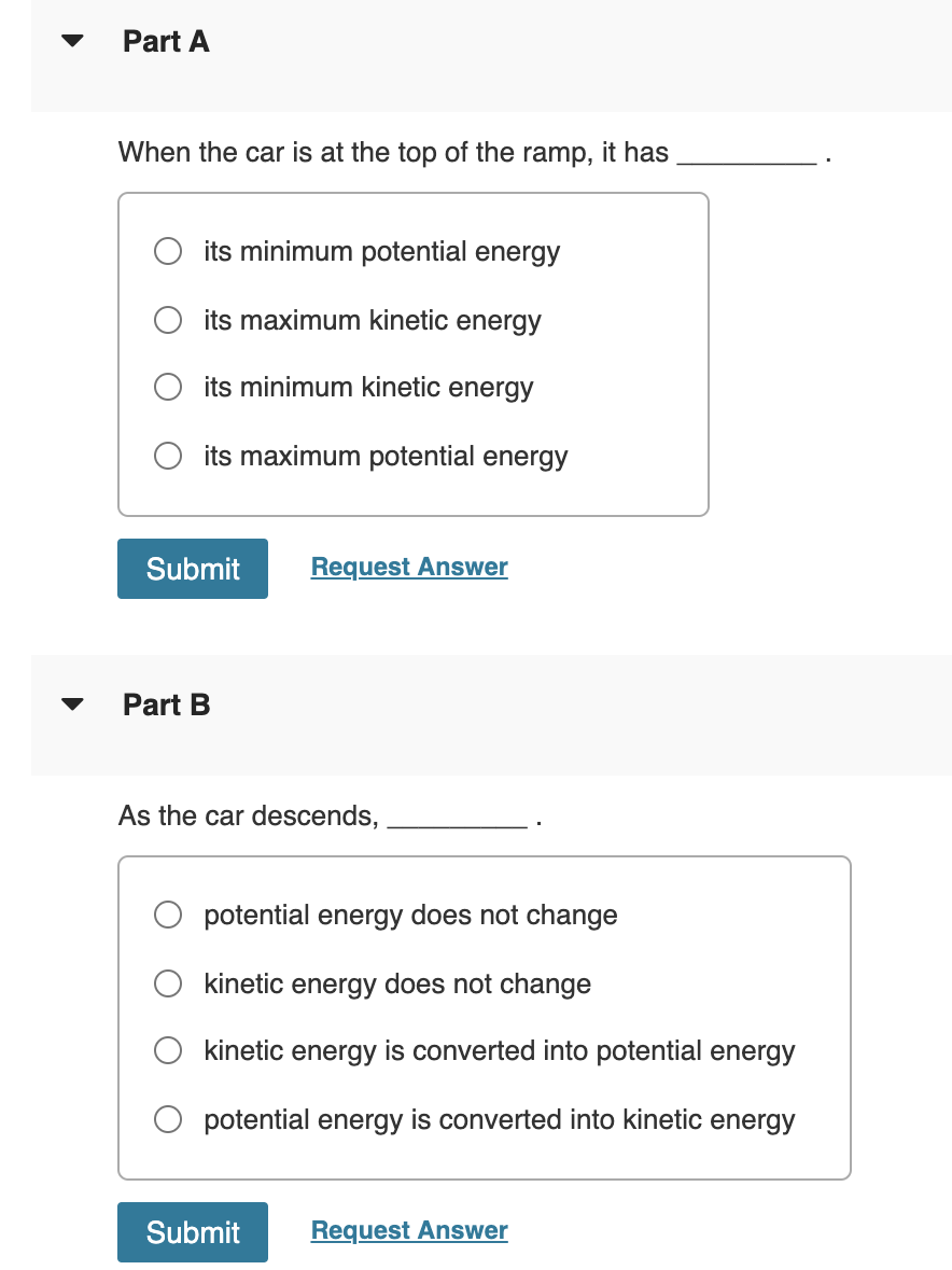 Solved Part A When the car is at the top of the ramp, it has | Chegg.com
