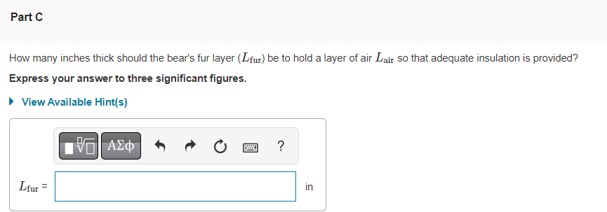 How many inches thick should the bears fur layer \( \left(L_{\text {fur }}\right) \) be to hold a layer of air \( L_{\text {