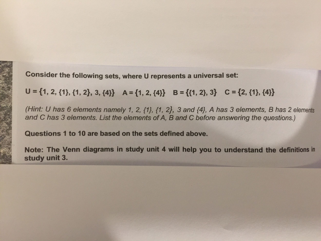 Solved Consider The Following Sets, Where U Represents A | Chegg.com