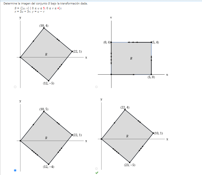 Determine la imagen del conjunto \( S \) bajo la transformación dada. \[ \begin{array}{l} s=\{(u, v) \mid 0 \leq u \leq 5,0 \