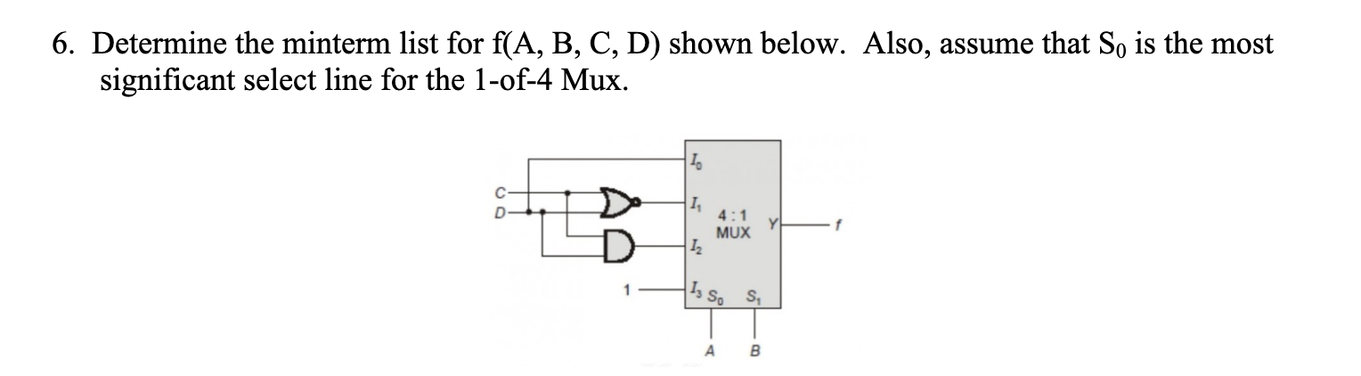 Solved 6. Determine the minterm list for f(A,B,C,D) shown | Chegg.com