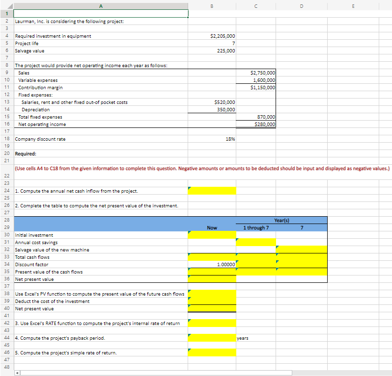 Solved A B C D E min D 1 2 Laurman, Inc. is considering the | Chegg.com