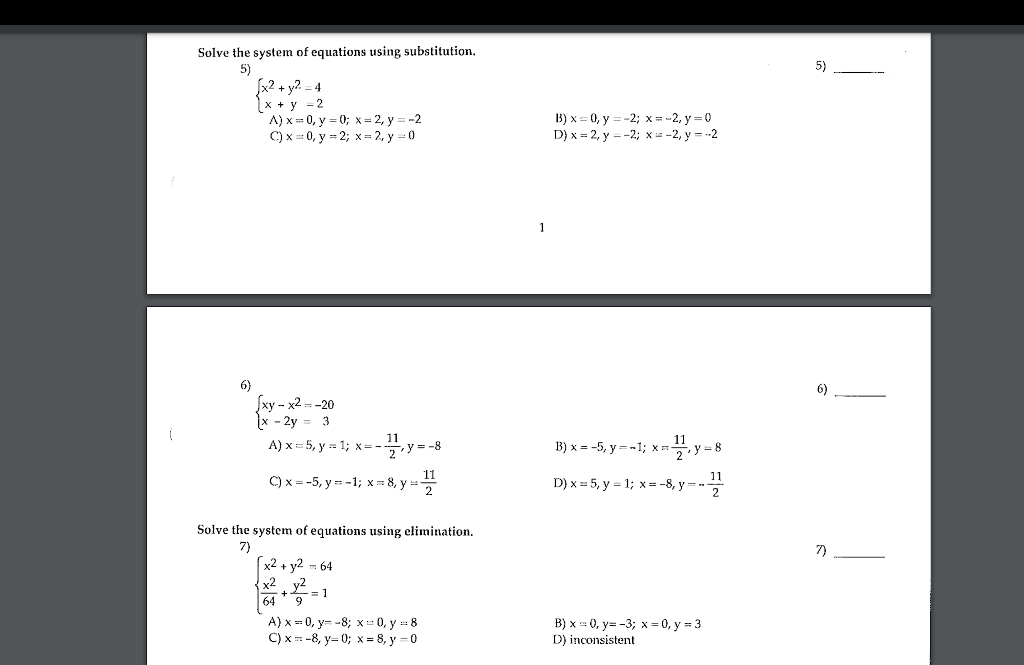 Solve the system of equations using substitution. 5) \[ \left\{\begin{array}{l} x^{2}+y^{2}=4 \\ x+y=2 \end{array}\right. \]