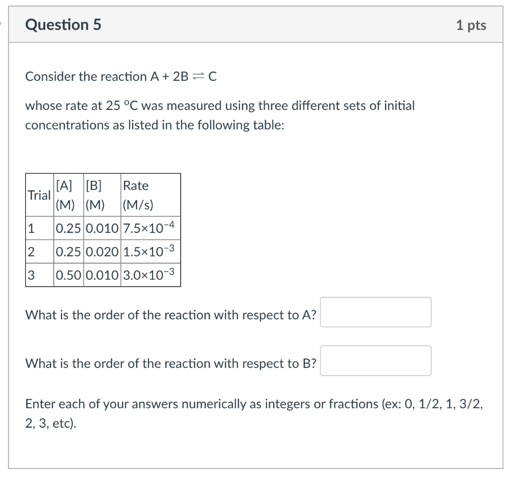 Solved Question 5 1 pts Consider the reaction A + 2B = C | Chegg.com