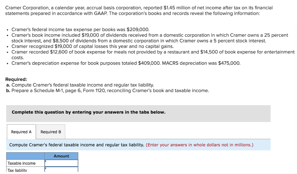 Solved Cramer Corporation, a calendar year, accrual basis | Chegg.com