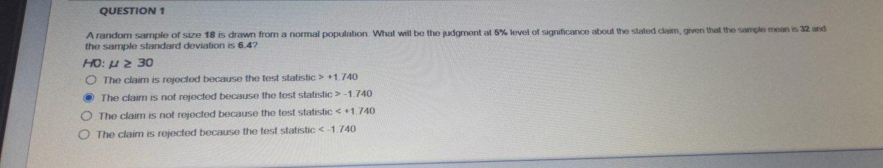 Solved QUESTION 1 A random sample of size 18 is drawn from a | Chegg.com