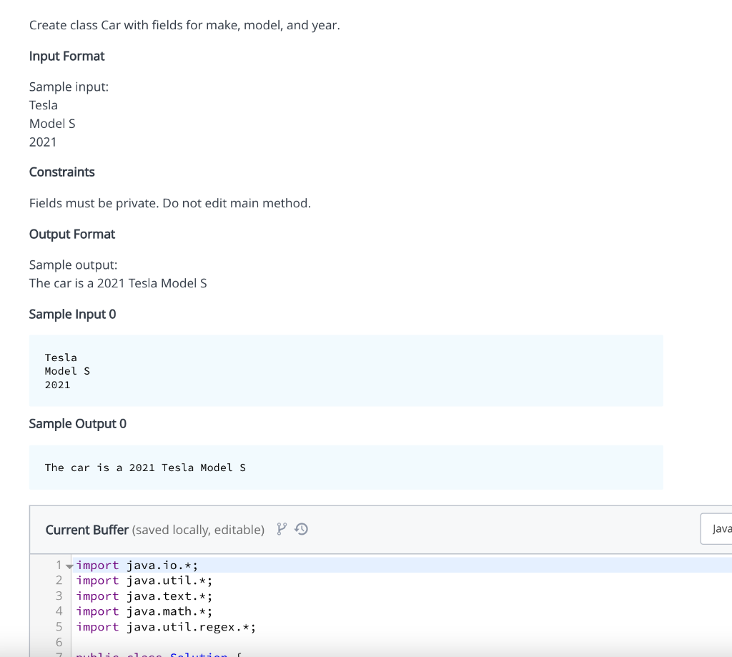 Solved Create class Car with fields for make, model, and | Chegg.com