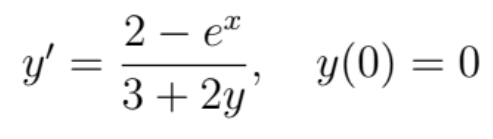 \( y^{\prime}=\frac{2-e^{x}}{3+2 y}, \quad y(0)=0 \)