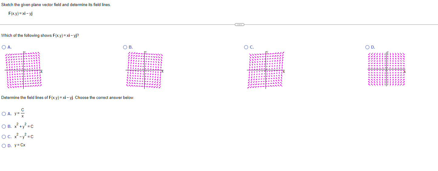 Sketch the given plane vector field and determine its field lines.
\[
F(x, y)=x i-y j
\]
Which of the following shows \( F(x,