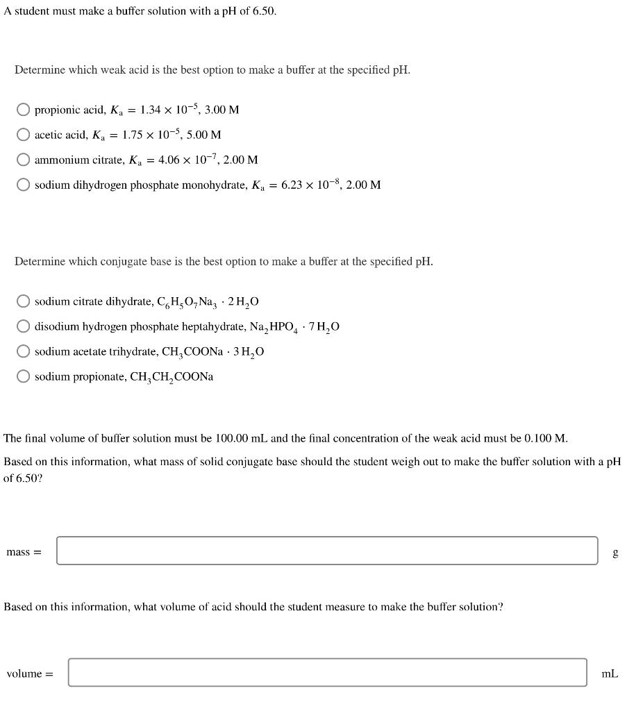 Solved A student must make a buffer solution with a pH of | Chegg.com