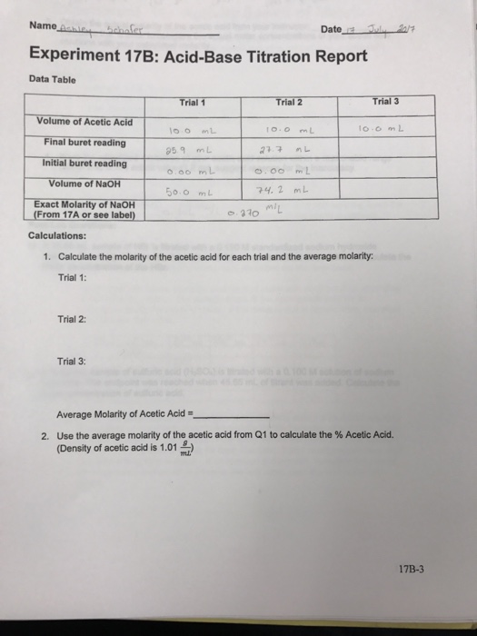Solved Calculate the molarity of the acetic acid for each | Chegg.com