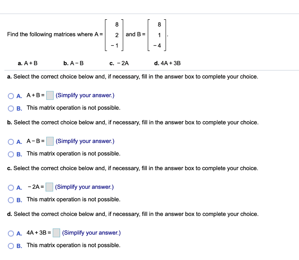 Solved 8 8 Find the following matrices where A = N and B = 1 | Chegg.com