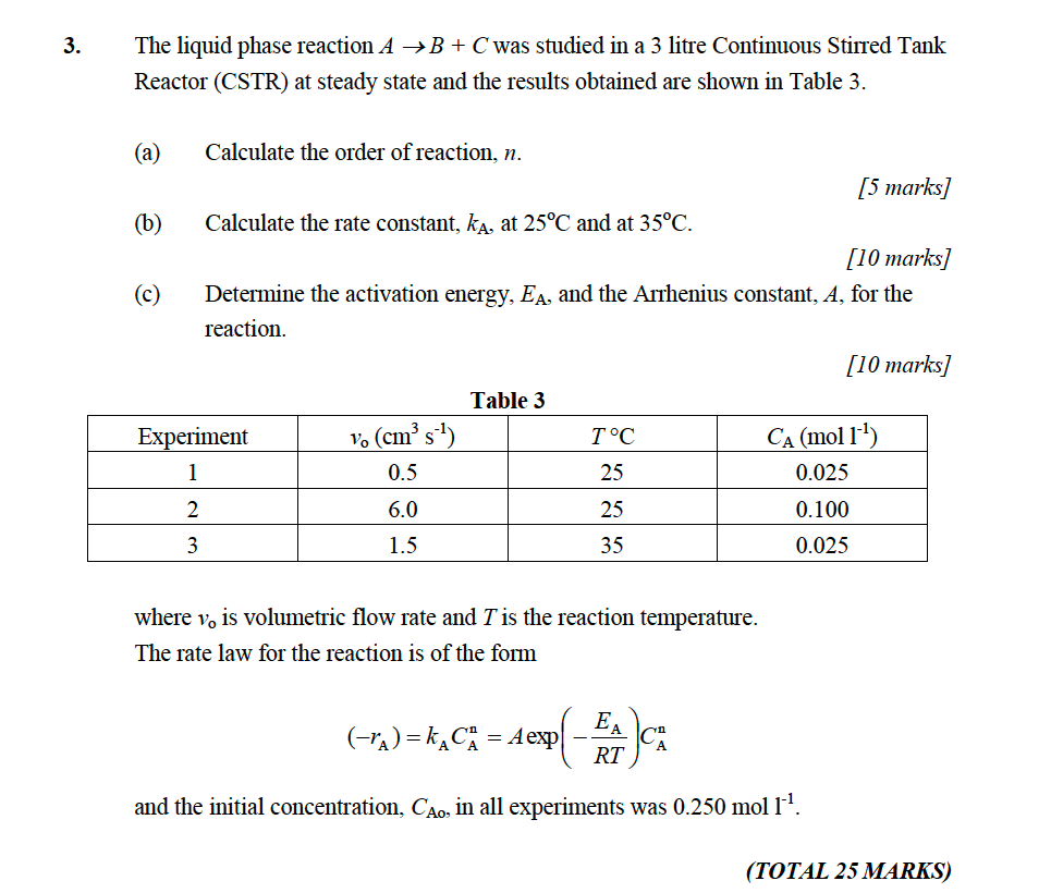 Solved 3. The liquid phase reaction A +B+C was studied in a | Chegg.com