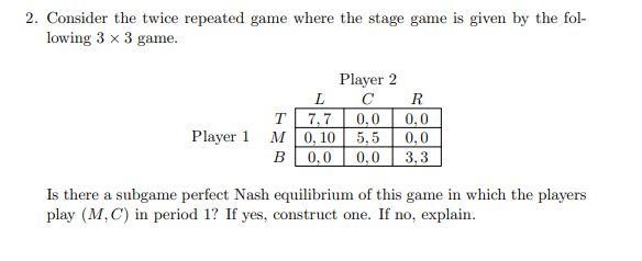 Solved 2. Consider the twice repeated game where the stage | Chegg.com
