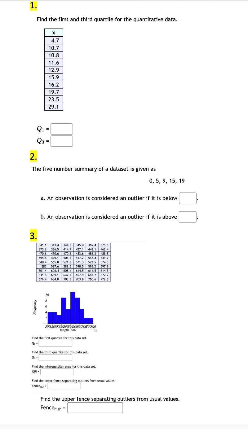 Solved 1. Find the first and third quartile for the | Chegg.com