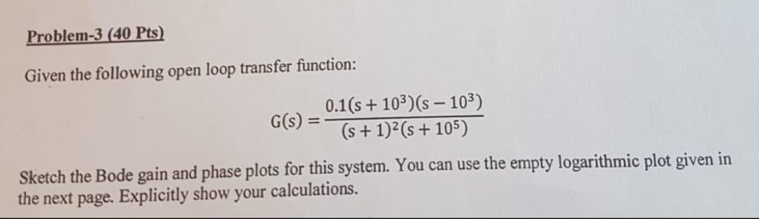Solved Given the following open loop transfer function: | Chegg.com