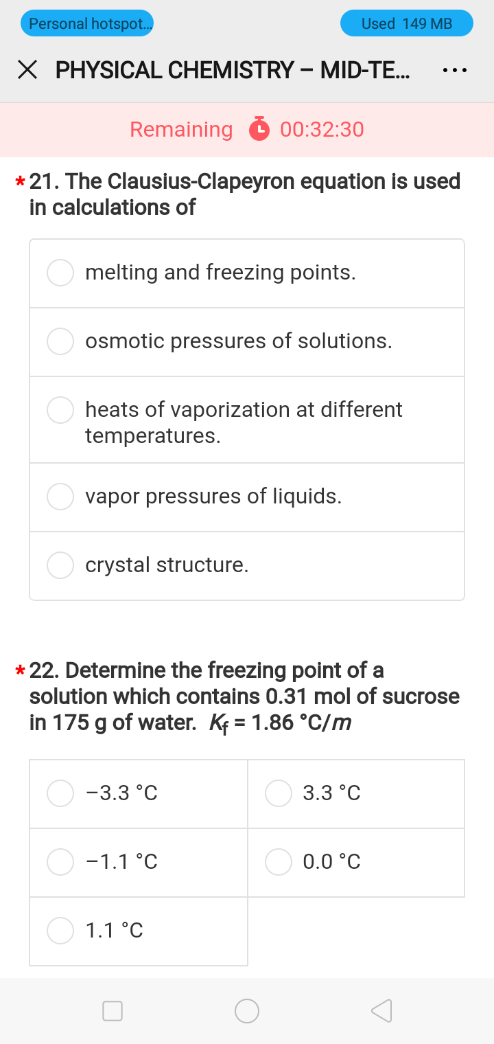 Personal Hotspot Used 149 Mb X Physical Chemist Chegg Com