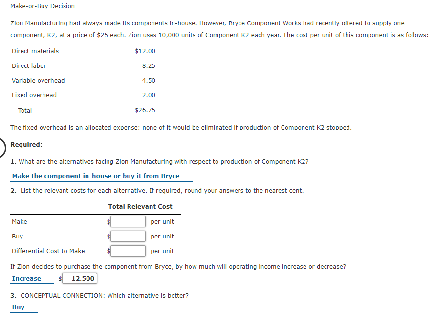 Solved MakeorBuy Decision Zion Manufacturing had always